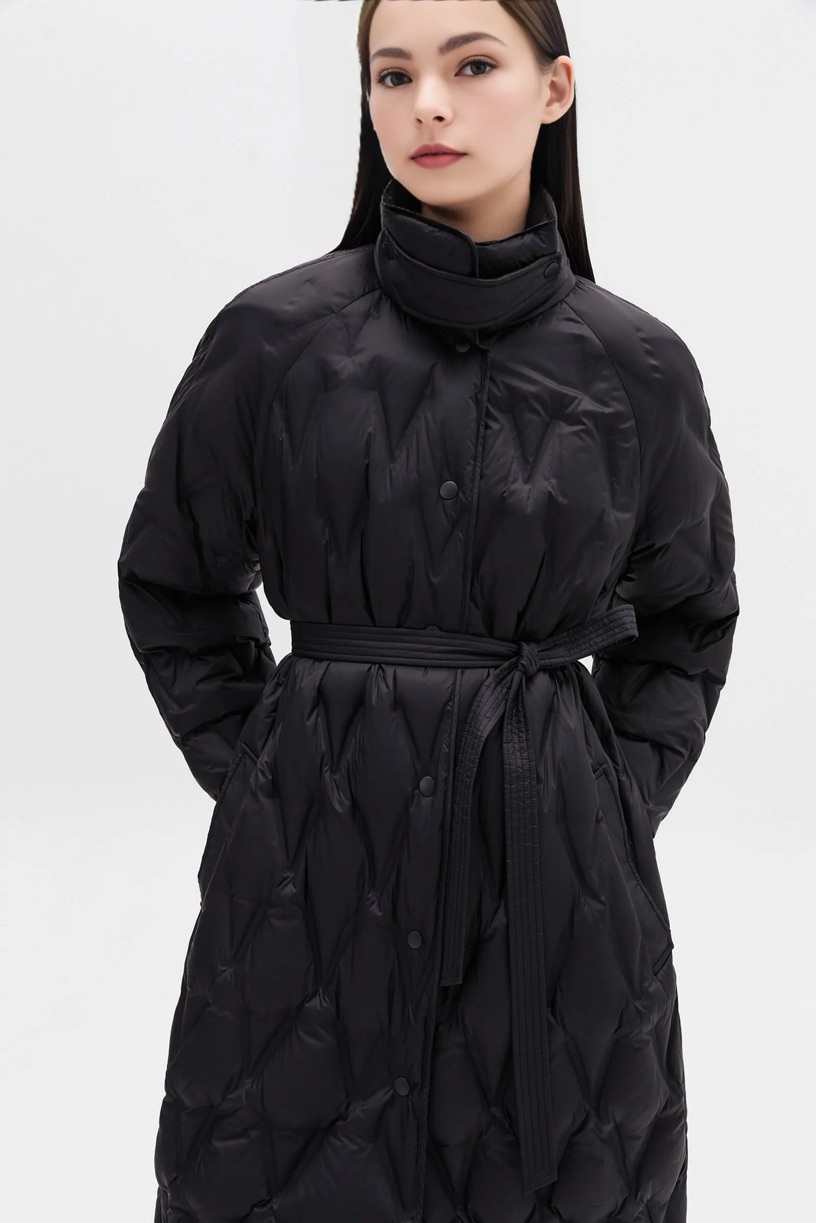 Diamond-Pattern Stand Collar Down Coat - Image 10