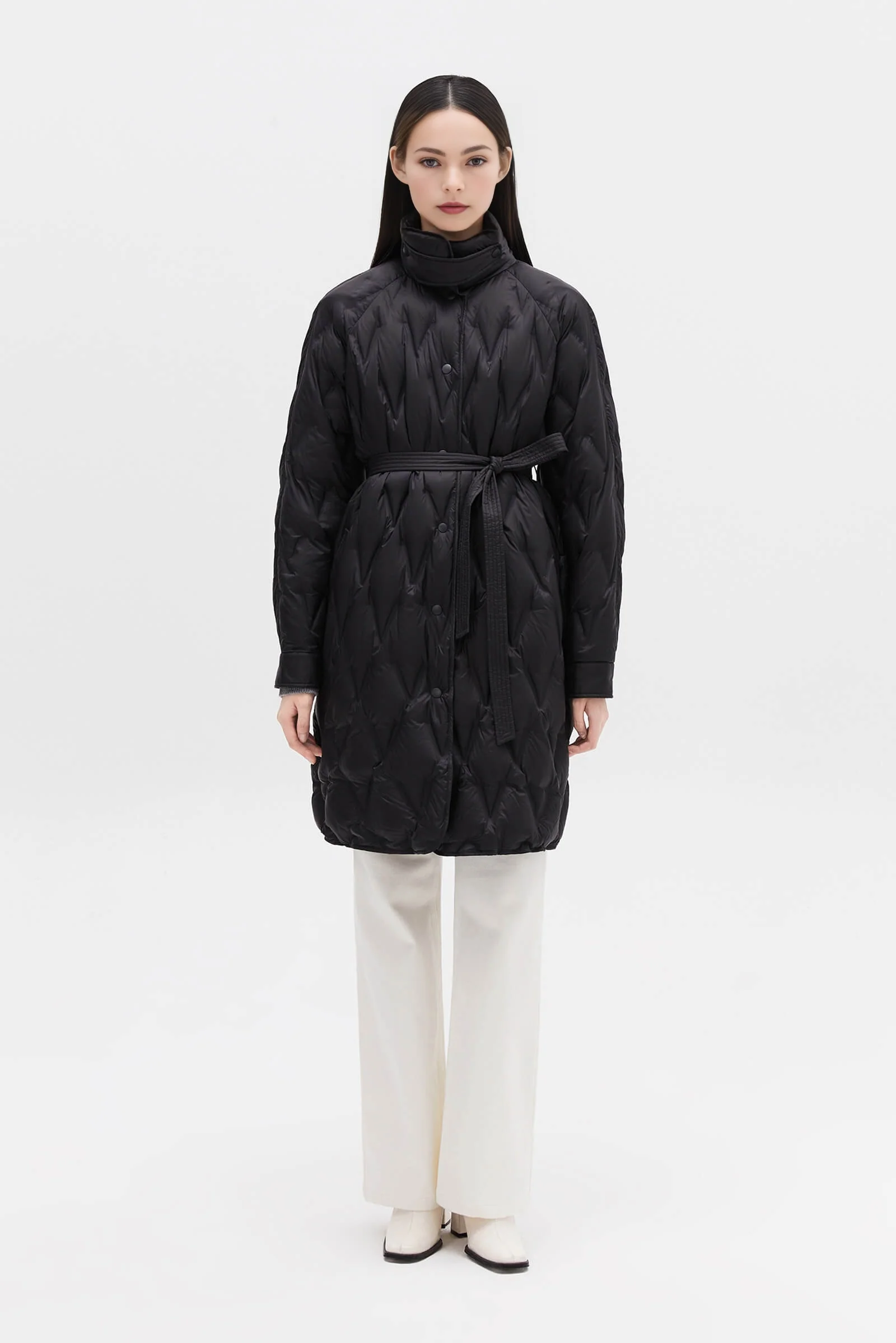 Diamond-Pattern Stand Collar Down Coat - Image 13