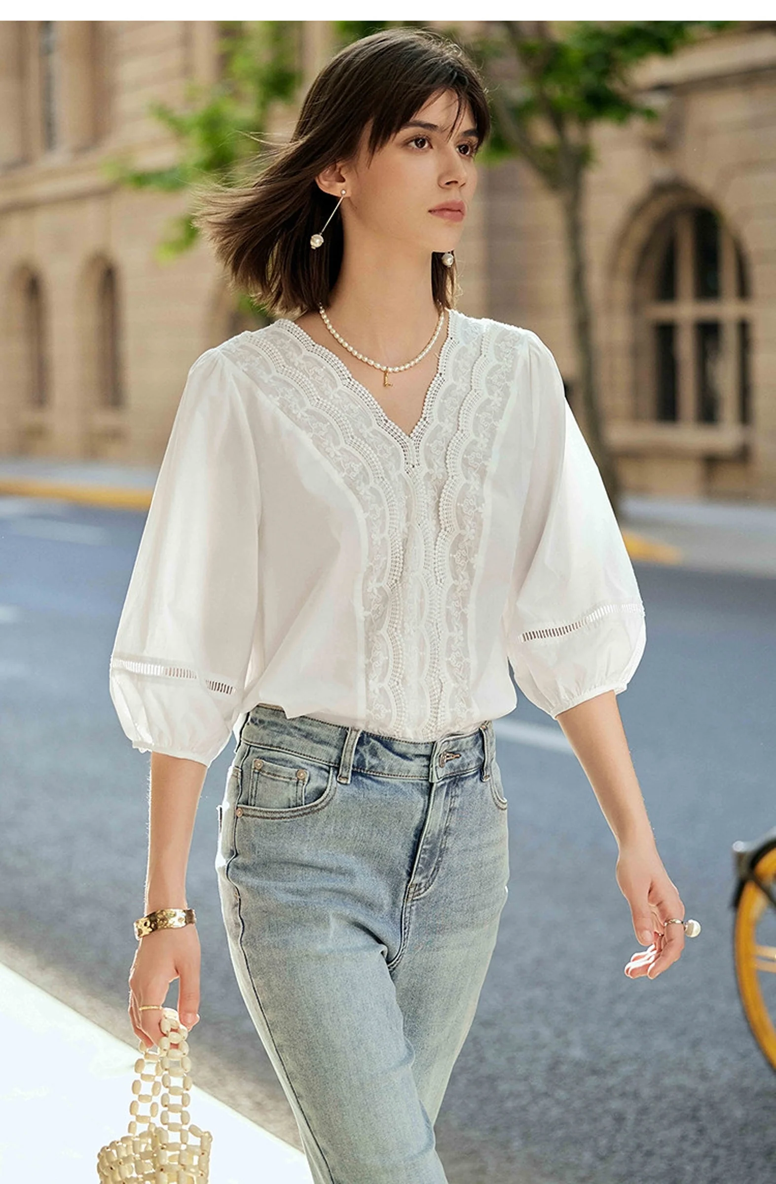 LILY Cotton Lace Trim Puff-Sleeve Blouse - Image 4