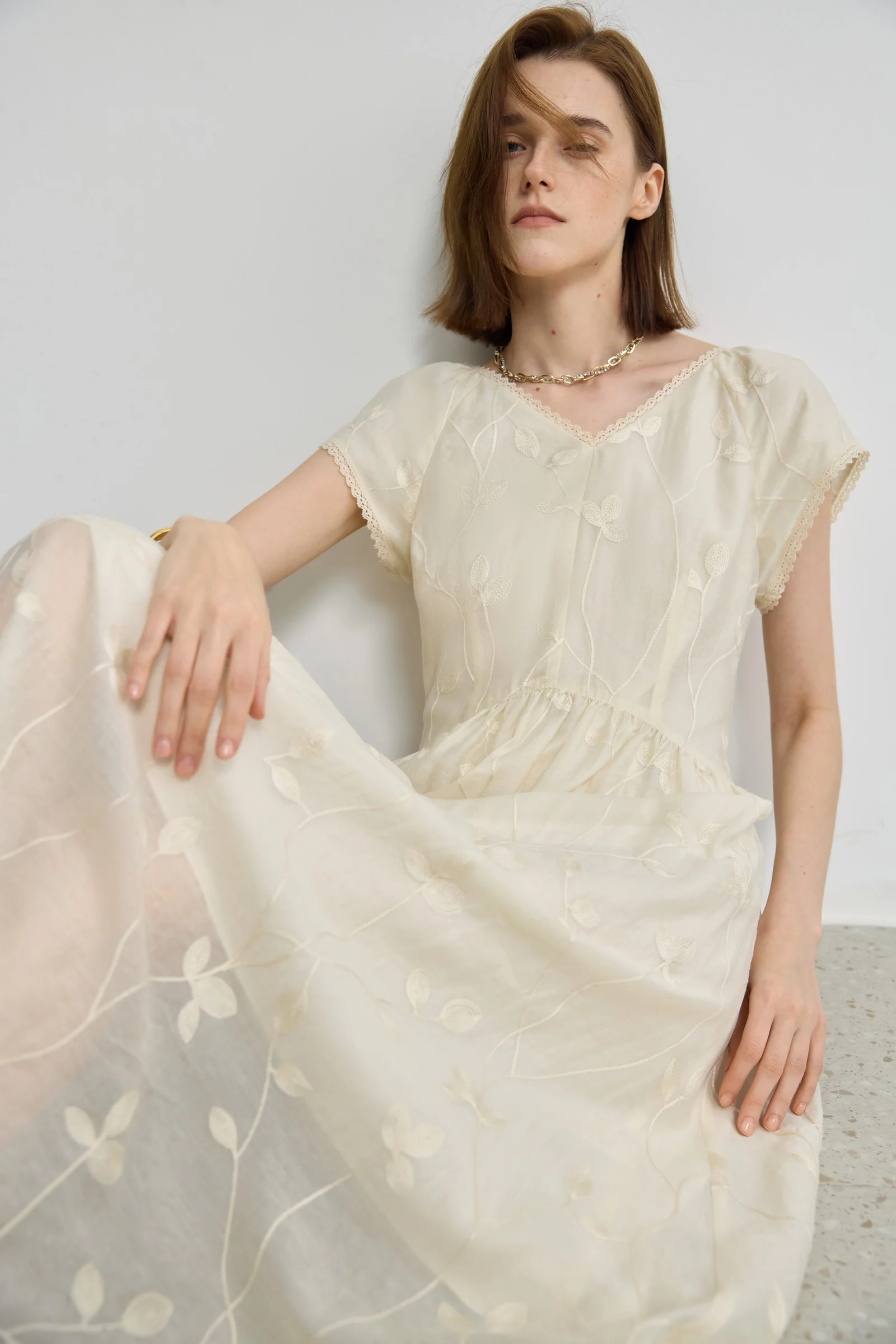 LILY French Embroidered V-Neck Dress