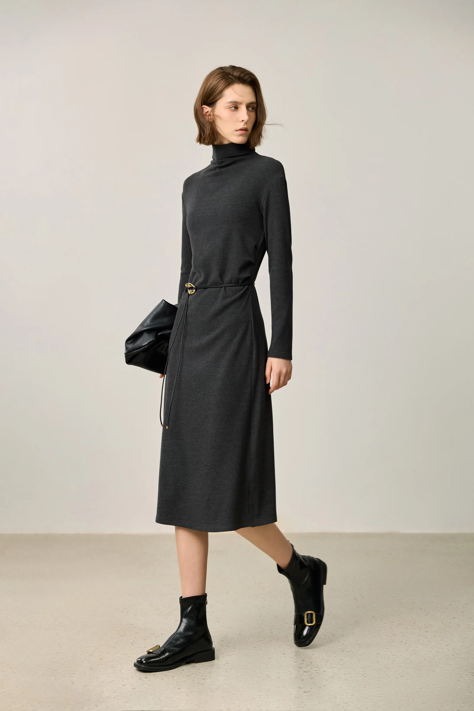 LILY Gray-Tone High Neck Waist-Cinching Dress - Image 3