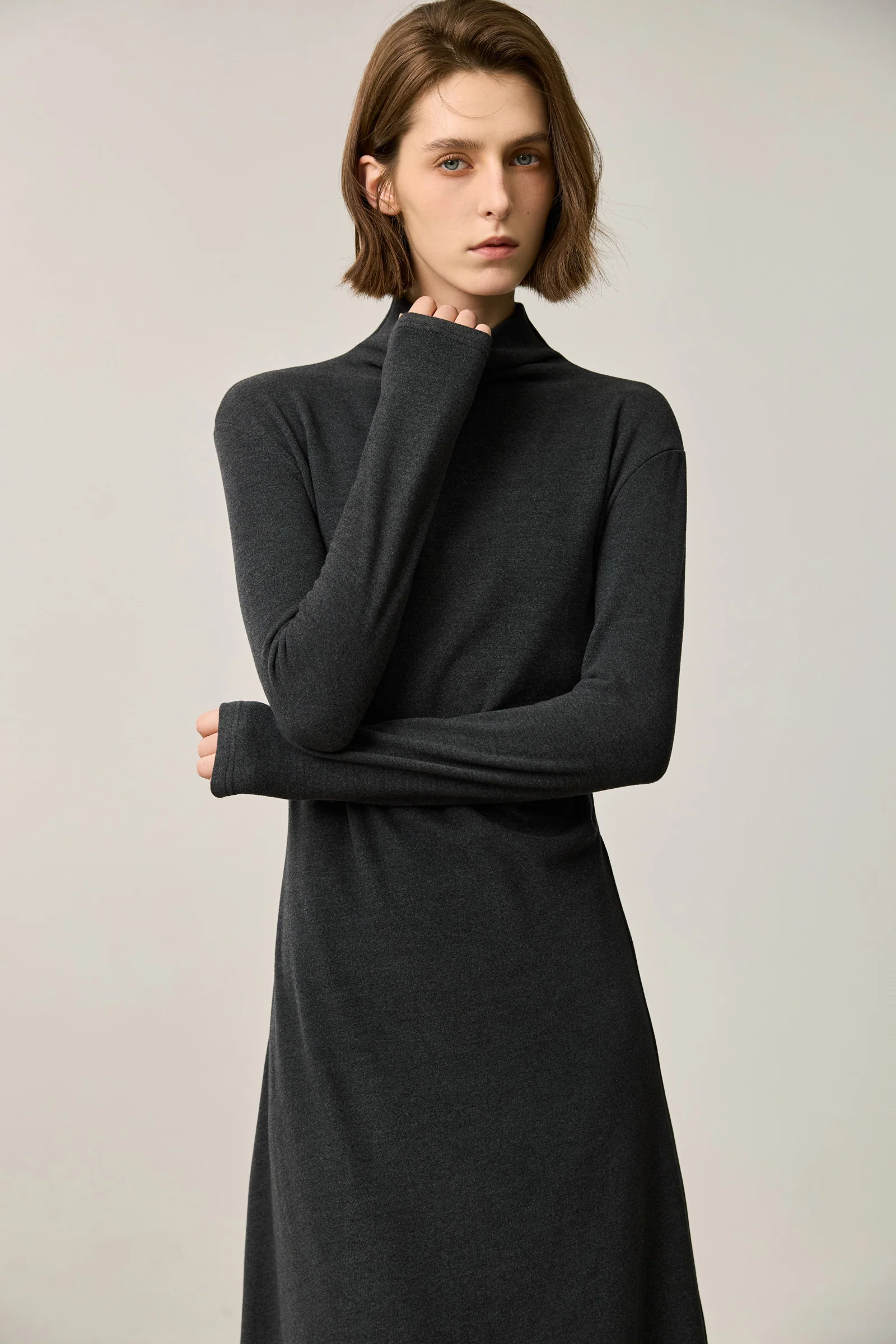 LILY Gray-Tone High Neck Waist-Cinching Dress - Image 6