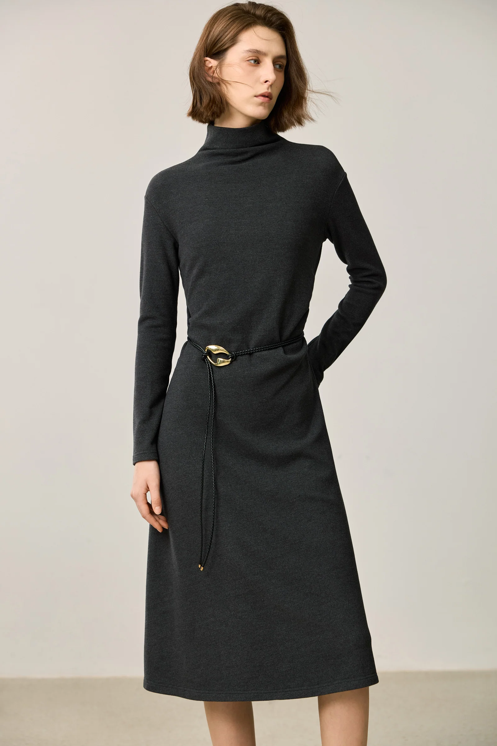 LILY Gray-Tone High Neck Waist-Cinching Dress - Image 7