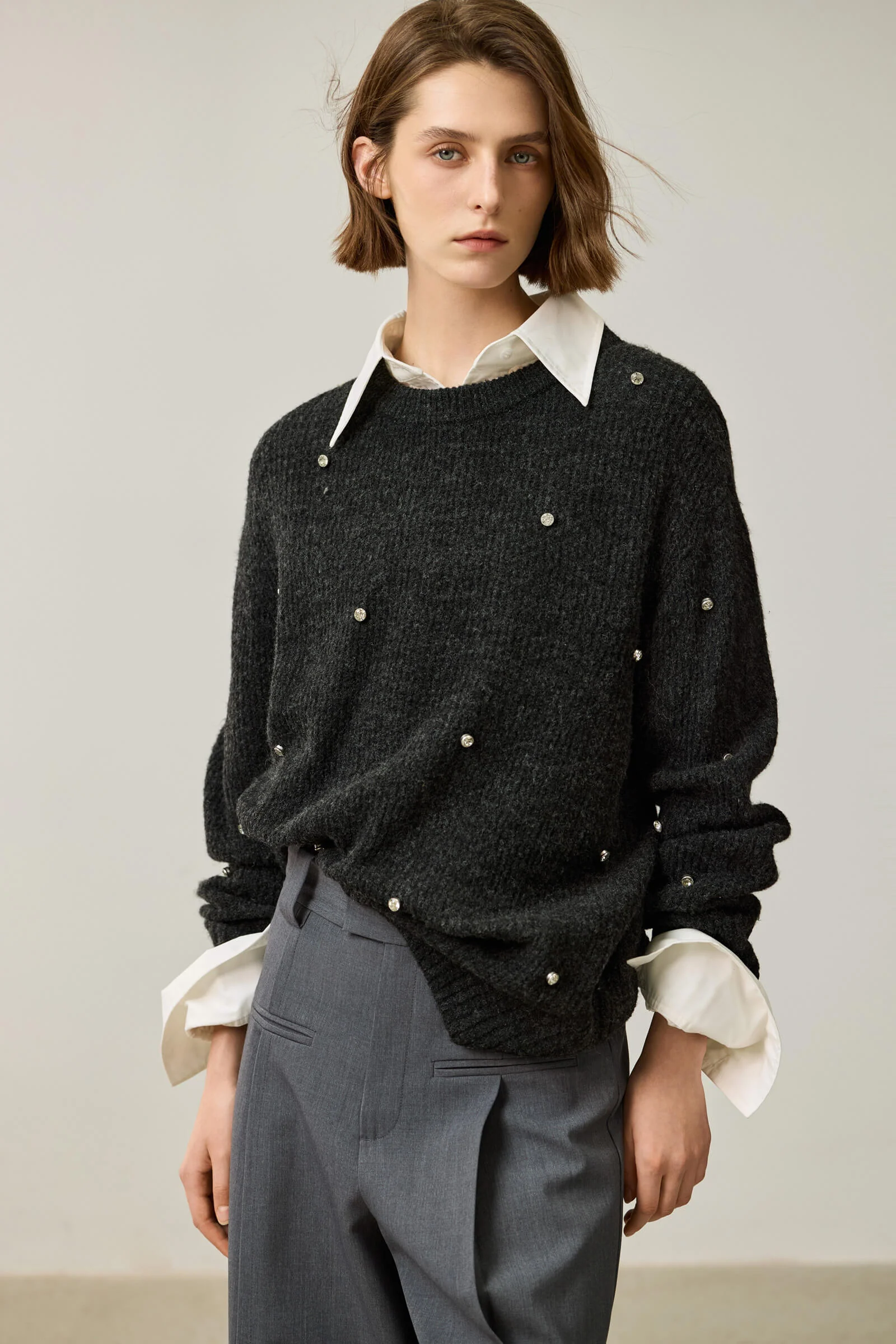 LILY Grey Tone Rhinestone Loose Sweater - Image 7