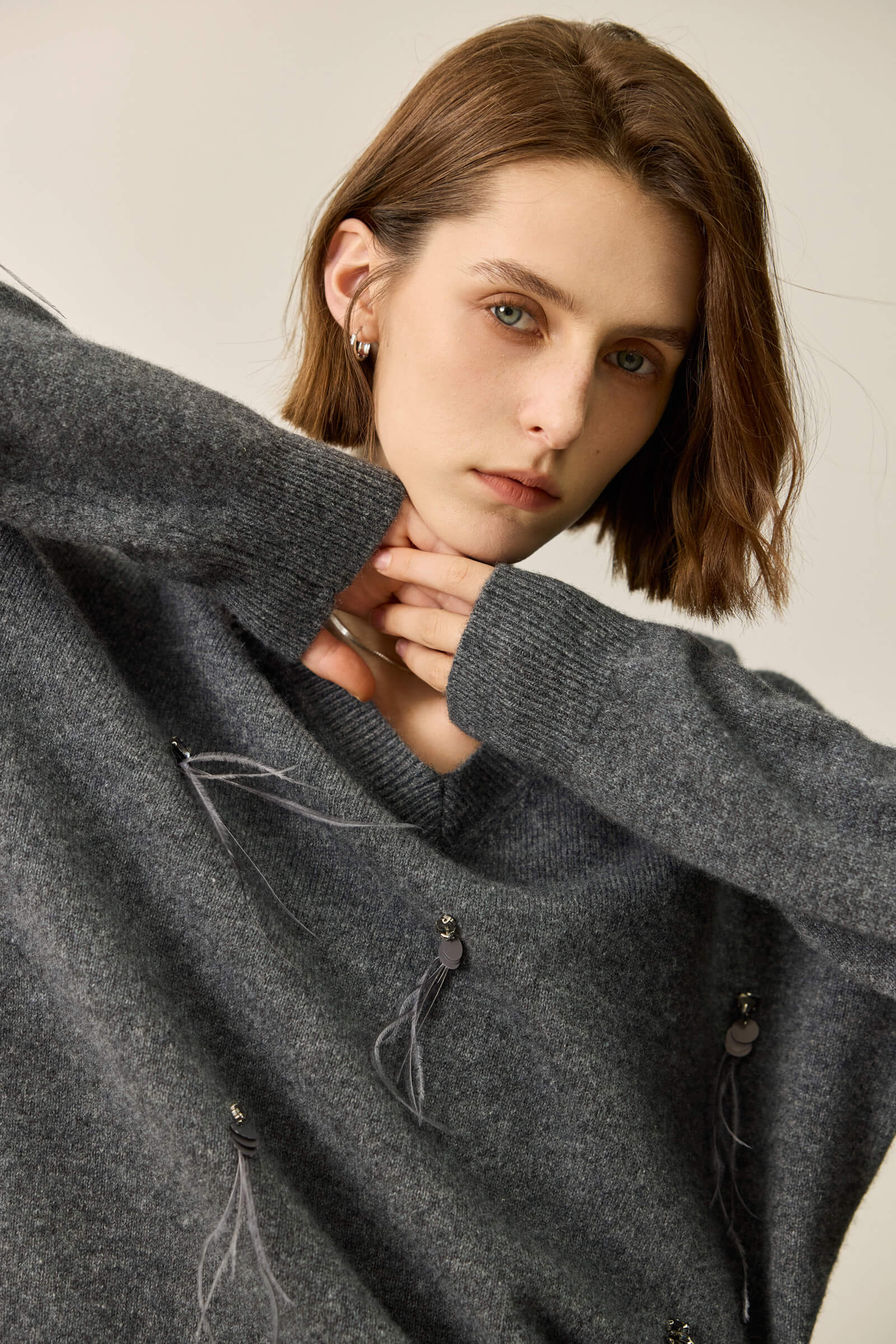 LILY Grey-Tone Wool V-Neck Sweater - Image 7