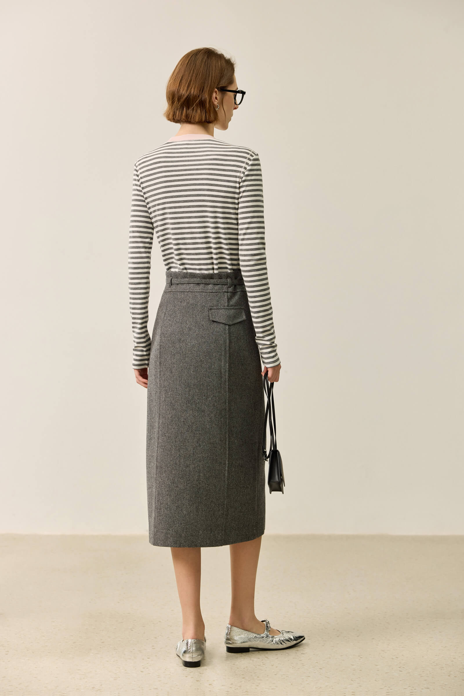 LILY Grey-Tone Wool High-Waisted Pencil Skirt - Image 3