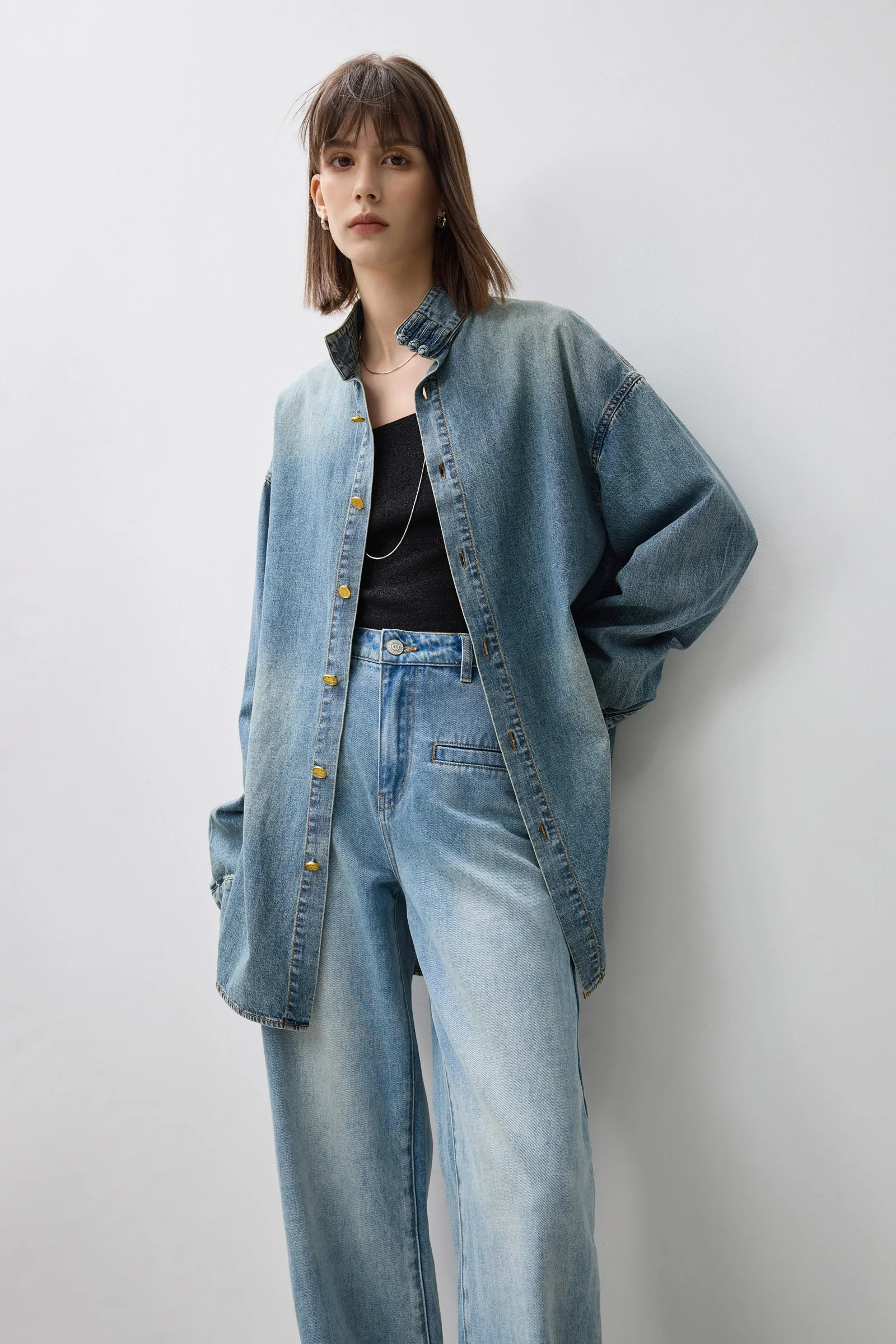 LILY Jacquard Mandarin Collar Denim Shirt - Image 5