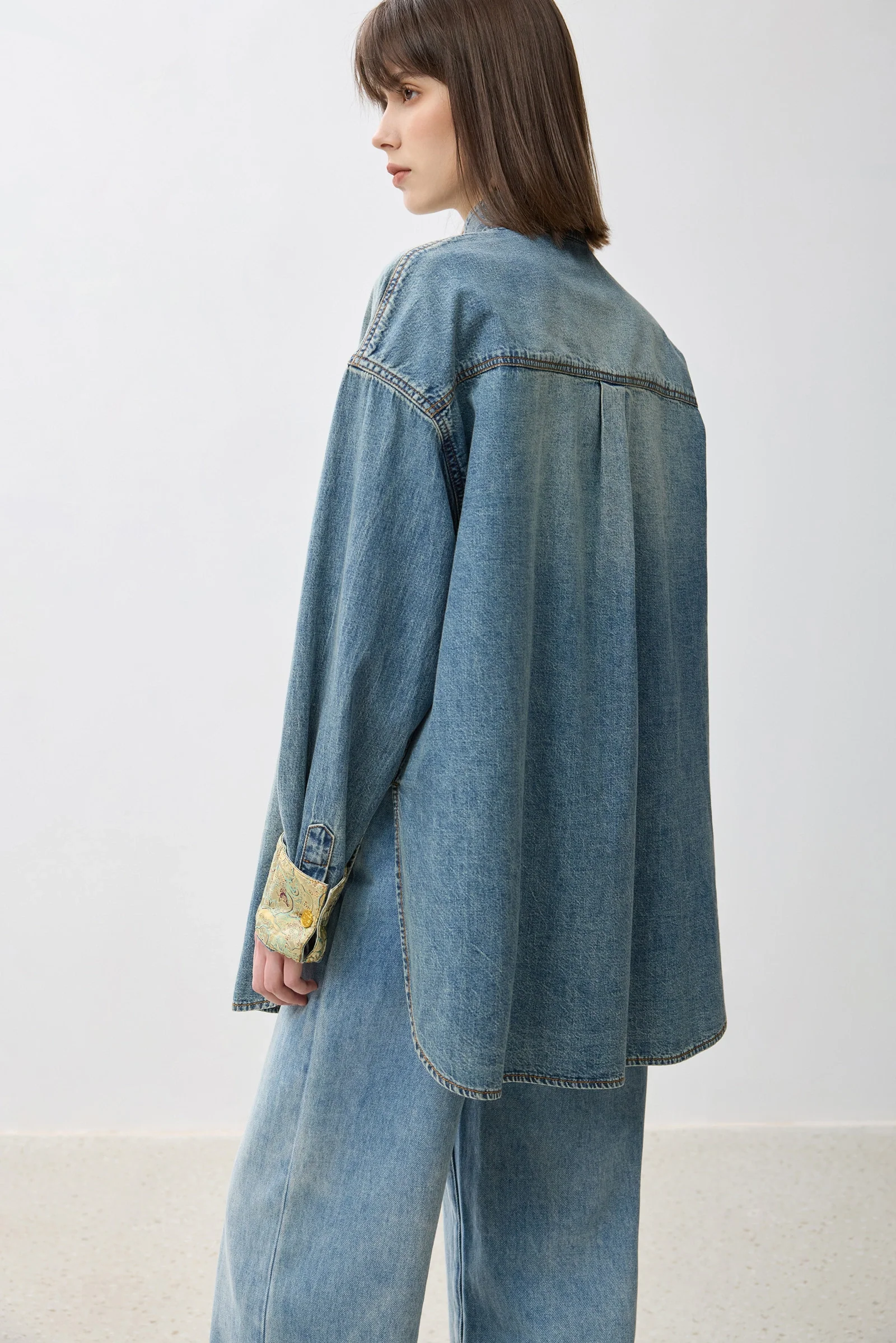 LILY Jacquard Mandarin Collar Denim Shirt - Image 6
