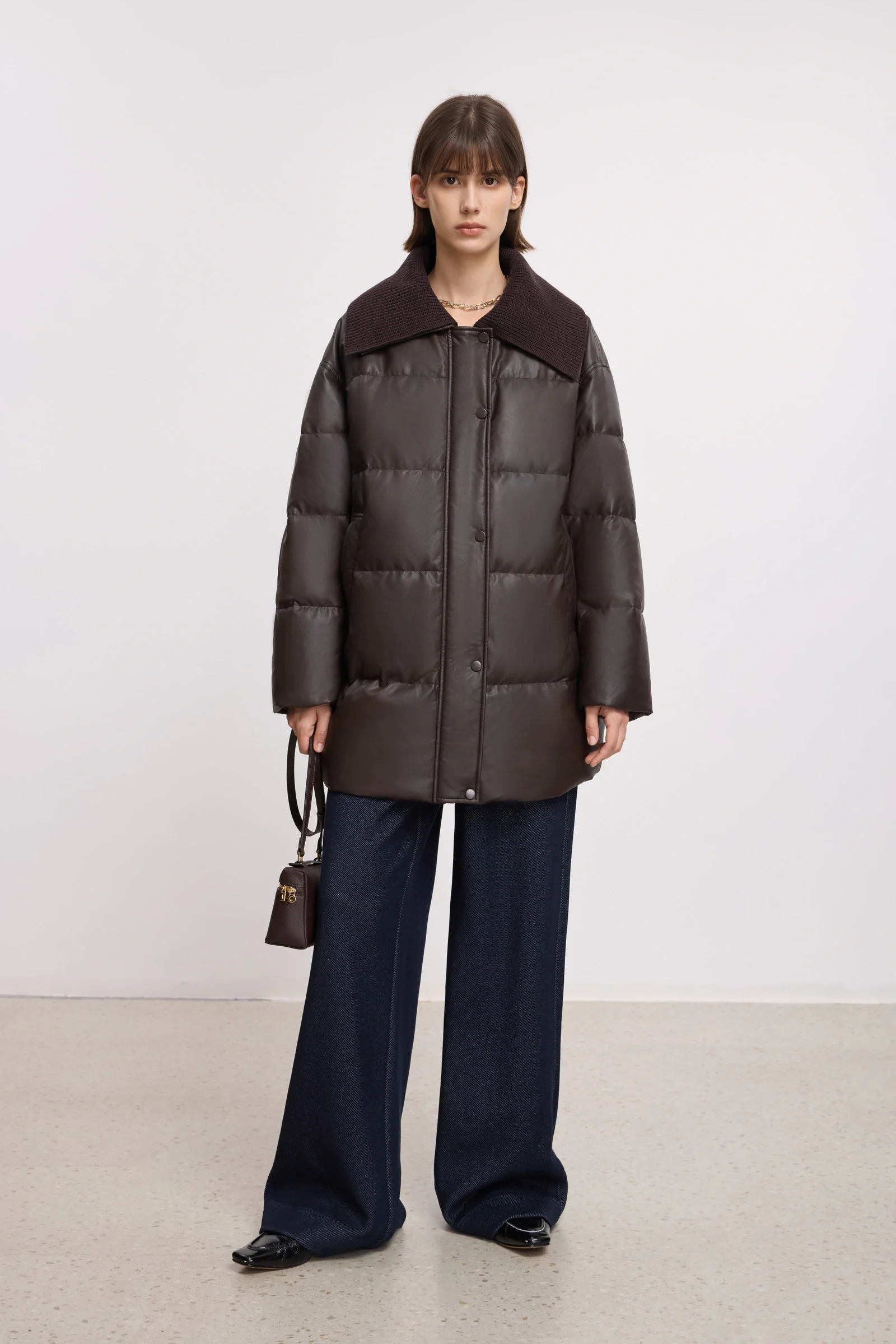LILY Knit-Collar PU Down Coat - Image 2