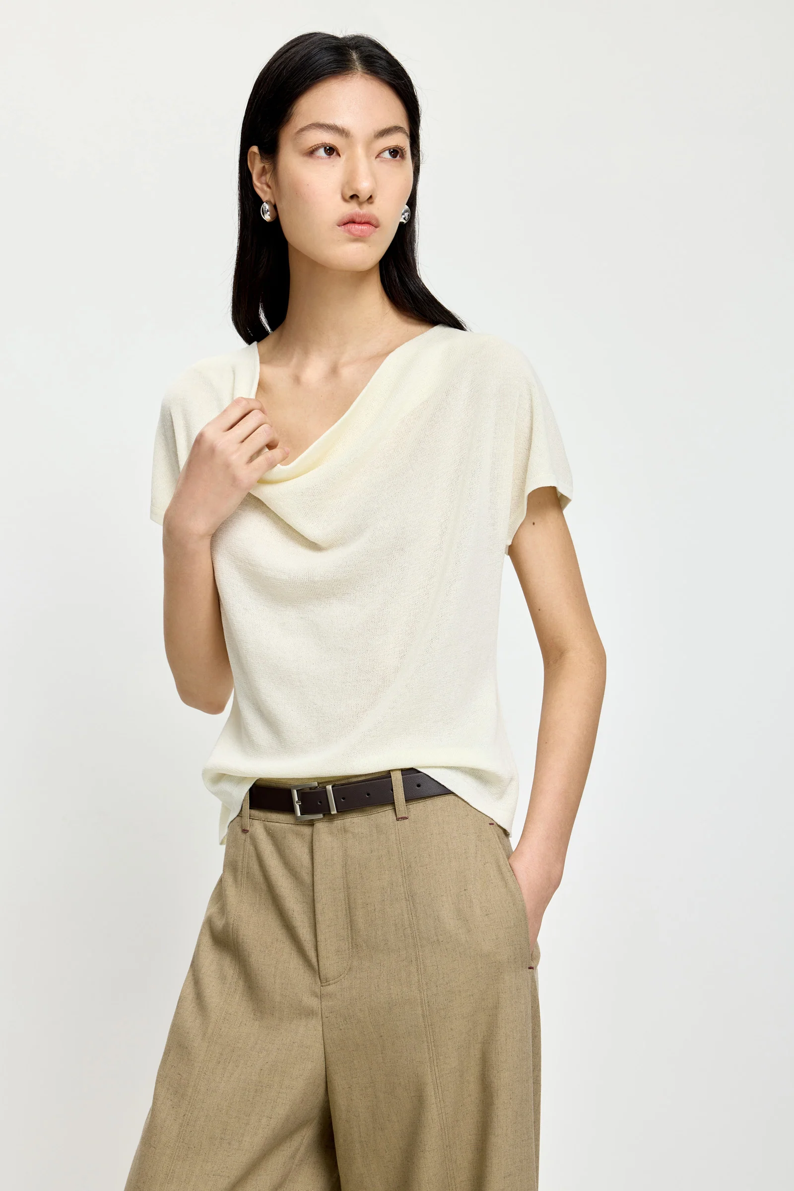 LILY Linen-Blend Draped Collar Knit Top - Image 6
