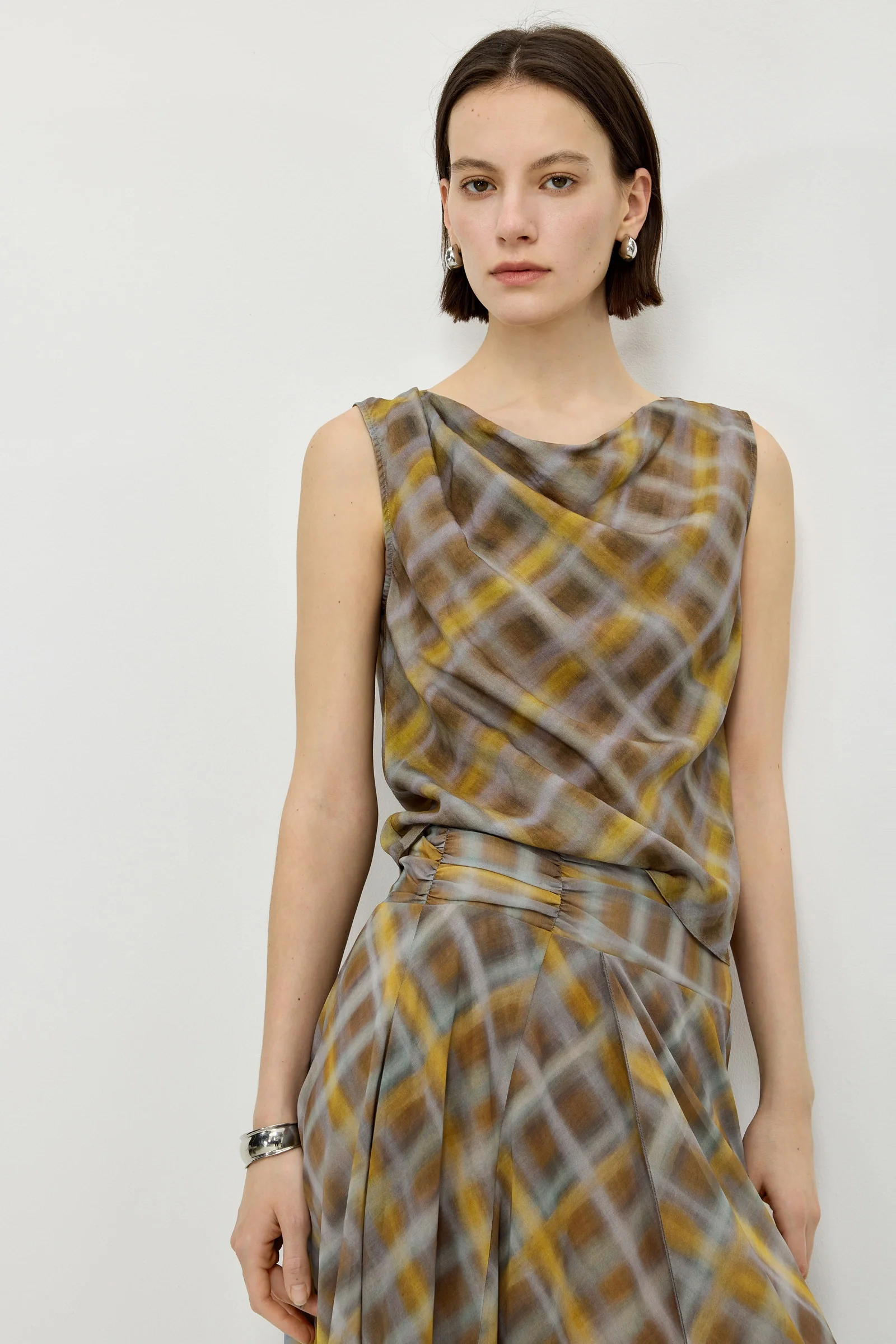 LILY Lyocell Linen Blend Plaid Blouse