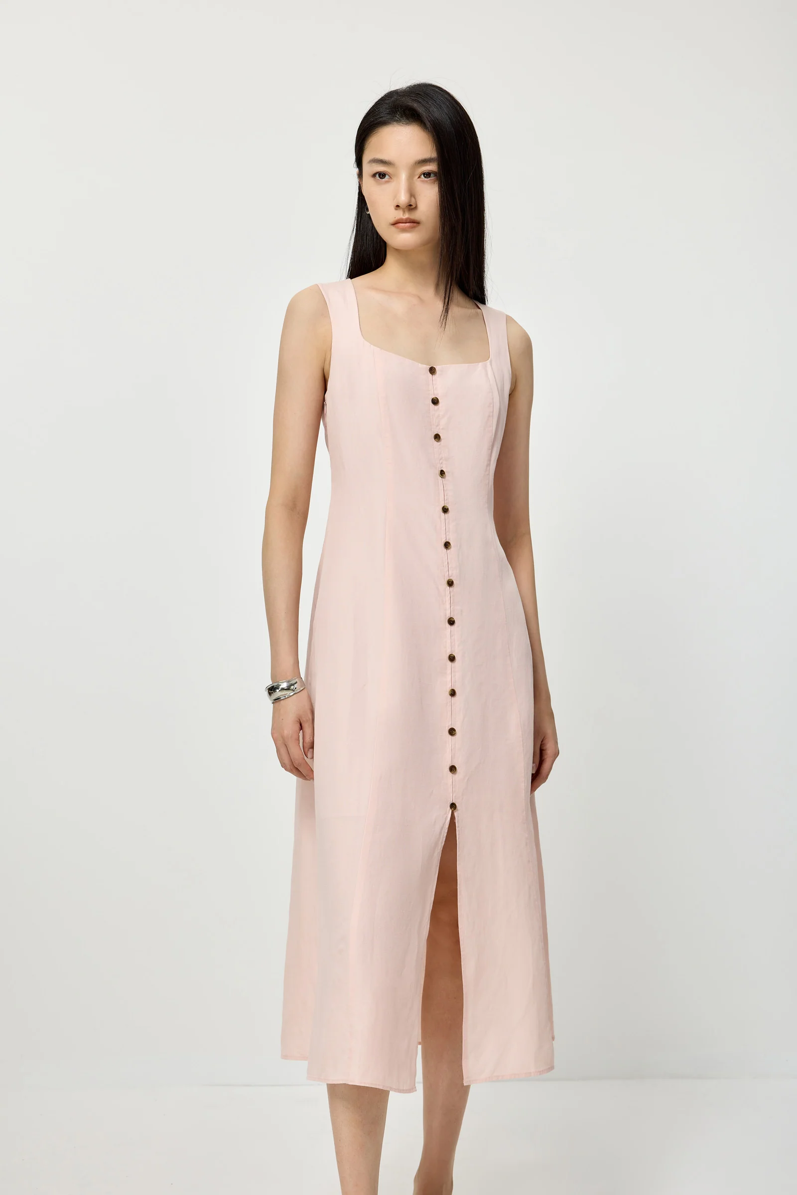 LILY Lyocell-Linen Square-Neck Slit Dress - Image 4