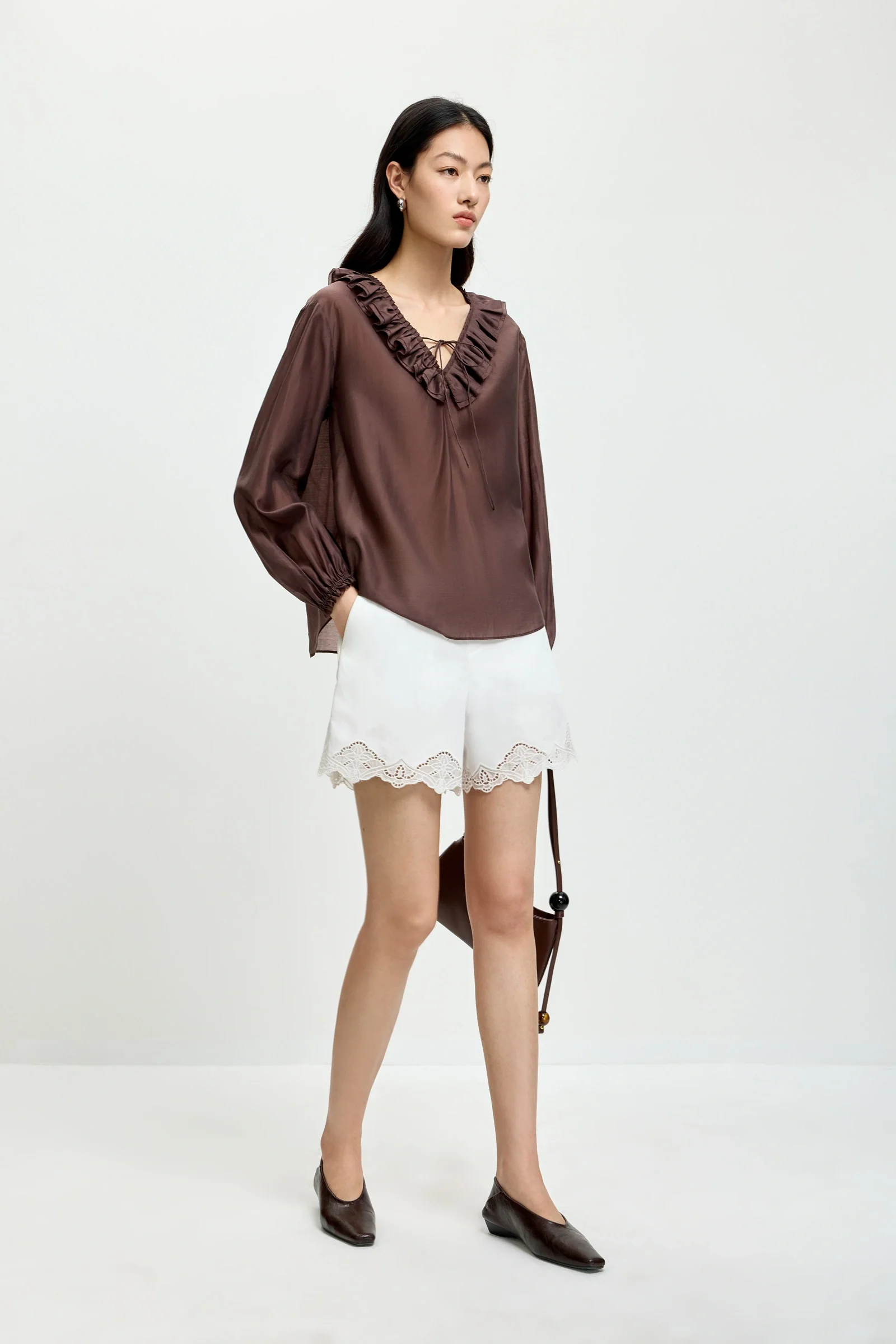 LILY Lyocell Ruffle-Trim V-Neck Blouse - Image 3