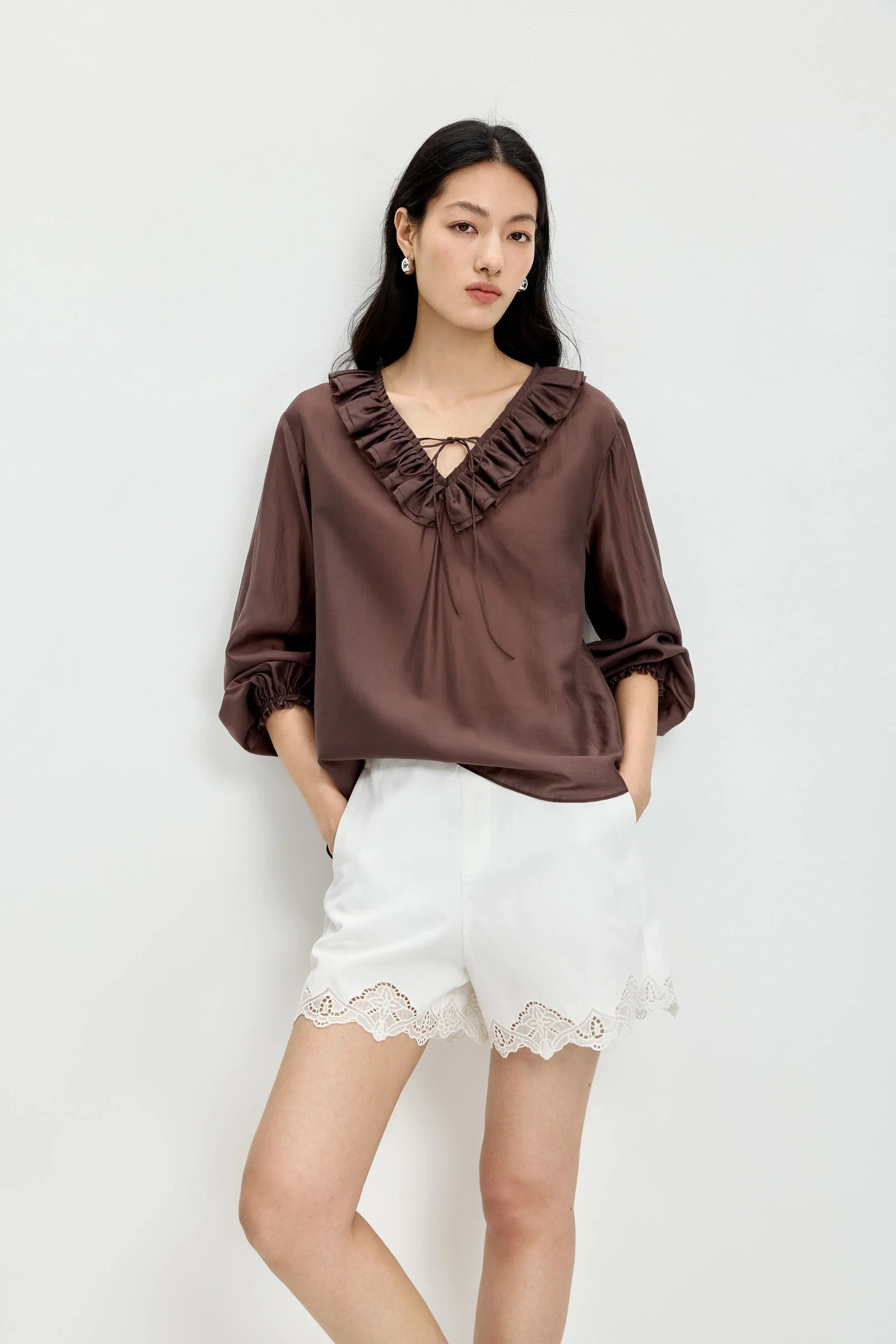 LILY Lyocell Ruffle-Trim V-Neck Blouse - Image 5