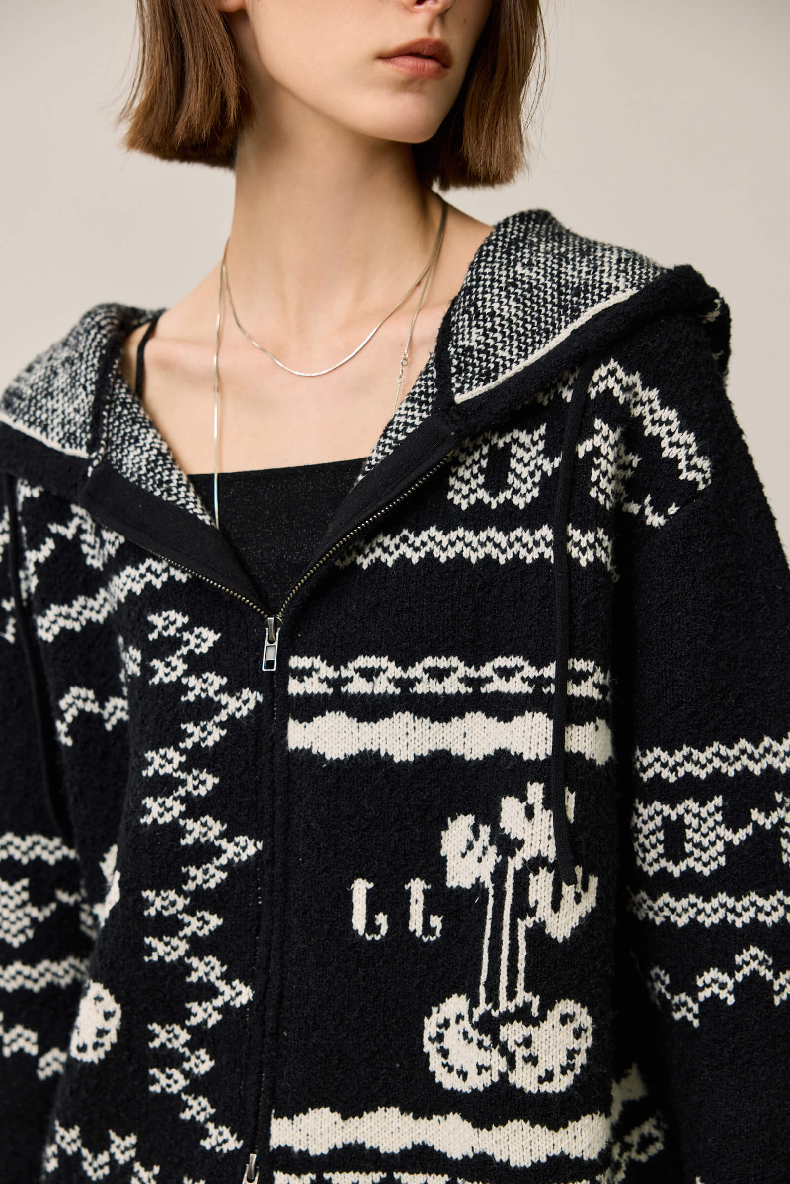 LILY Retro Fair Isle Black and White Contrast Knit Hoodie - Image 8