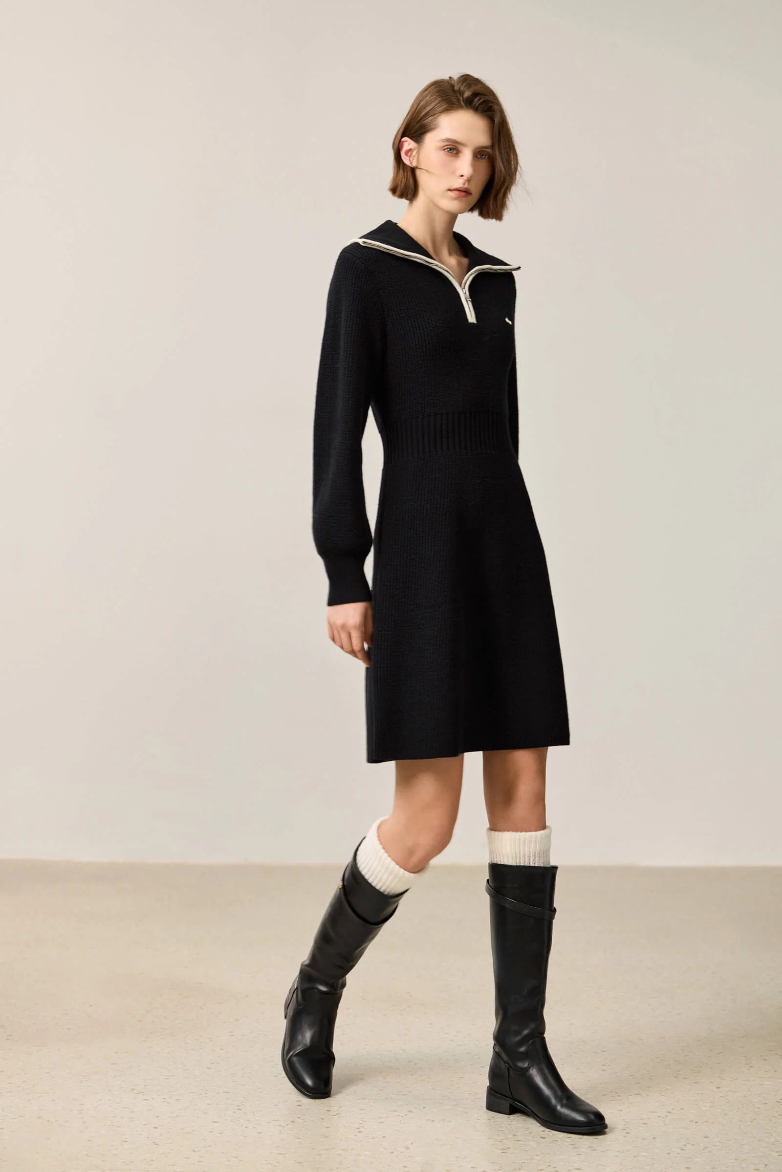 LILY Stylish Zip-Neck Long Sleeve Knit Dress - Image 3