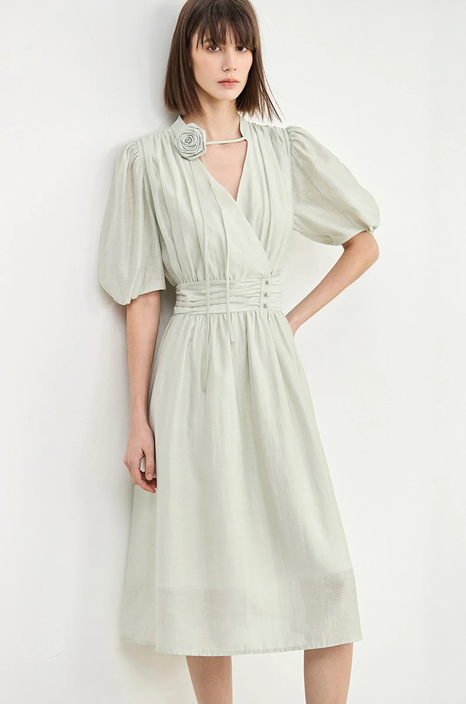 LILY V-Neck Puff-Sleeve Midi Dress - Image 10