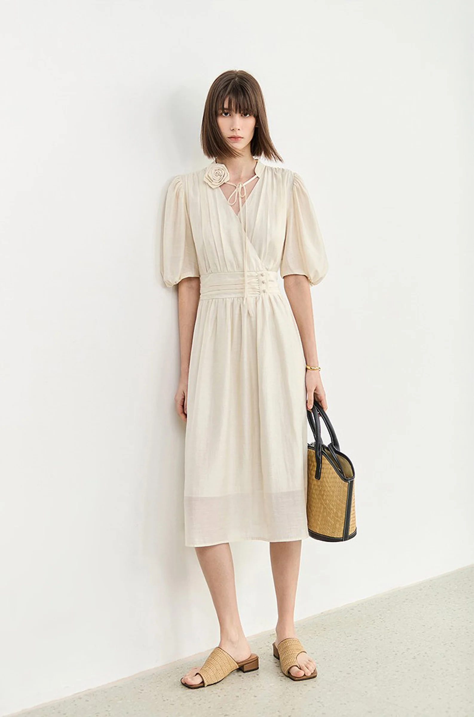 LILY V-Neck Puff-Sleeve Midi Dress - Image 11