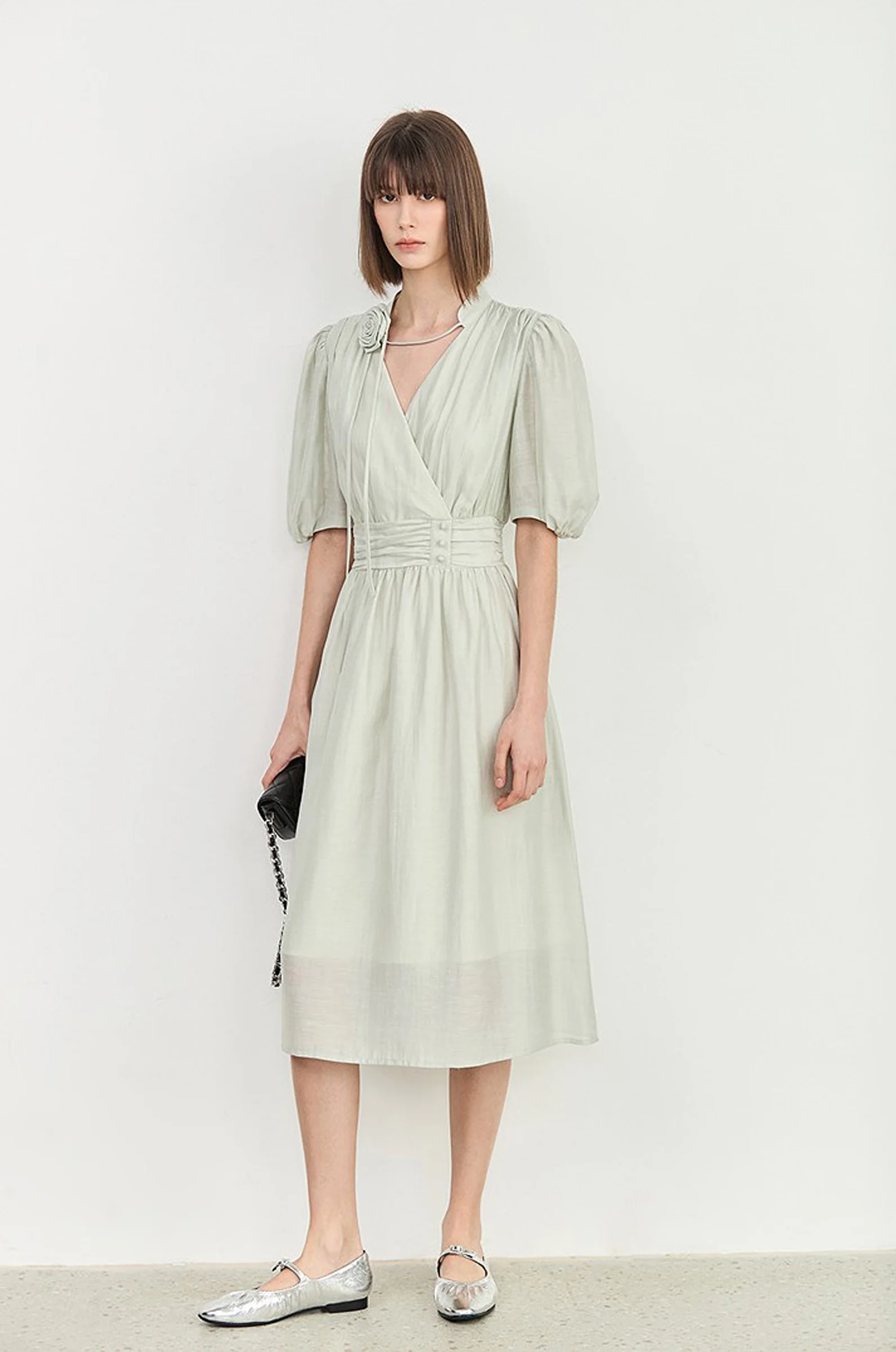 LILY V-Neck Puff-Sleeve Midi Dress - Image 7