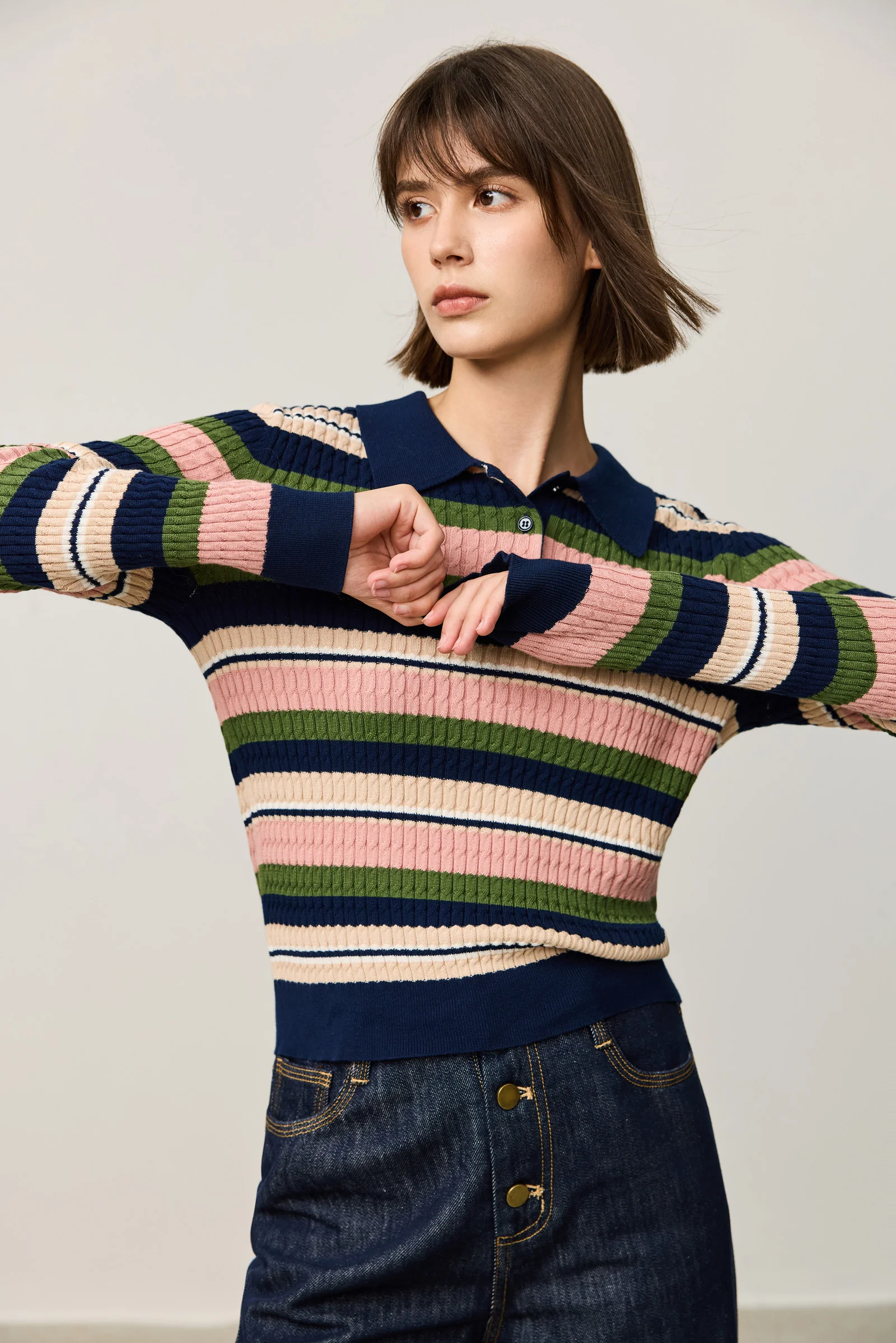 LILY Vintage Contrast Striped Polo Knit Sweater - Image 5