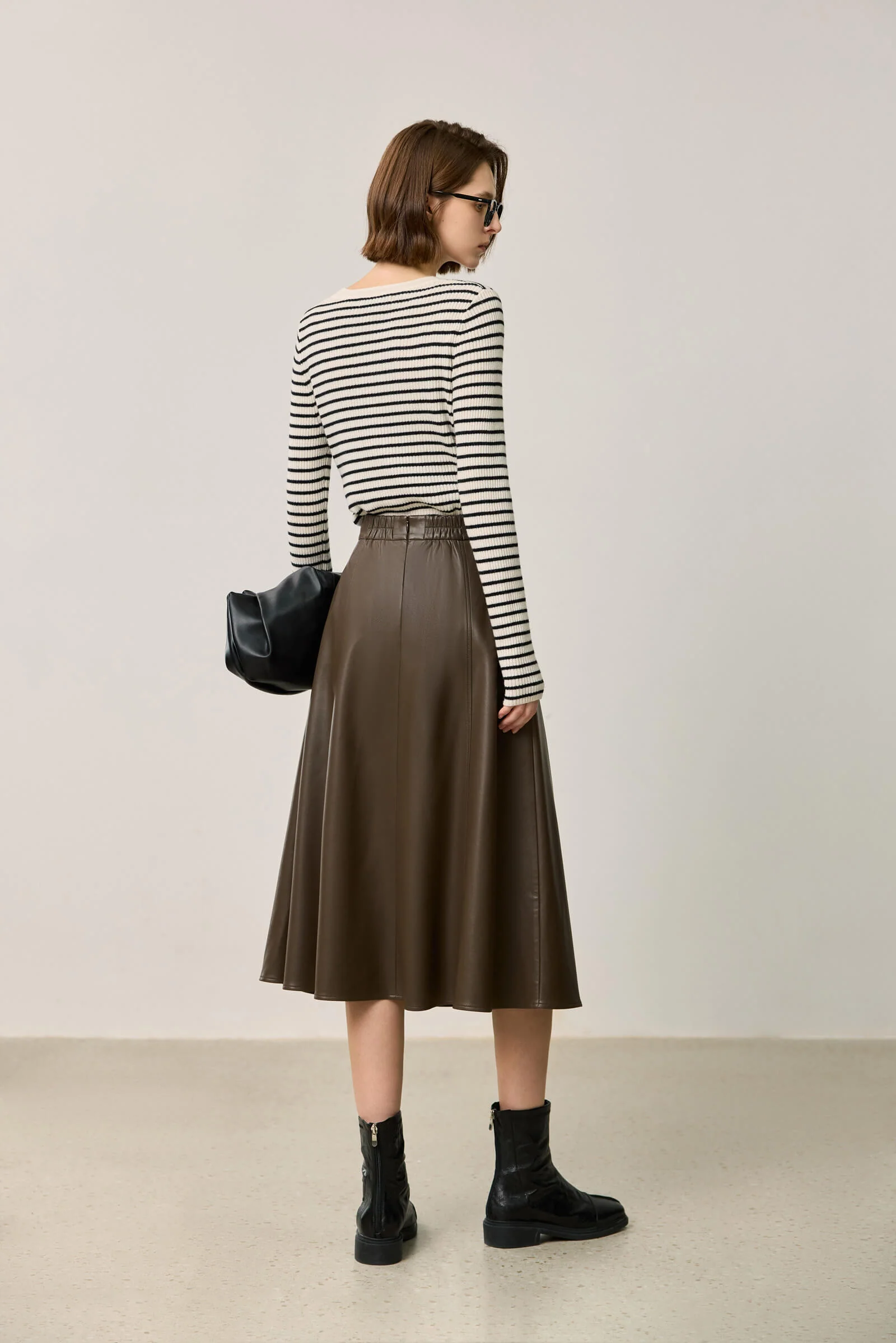 LILY Vintage Minimalist Draped Leather Skirt - Image 11