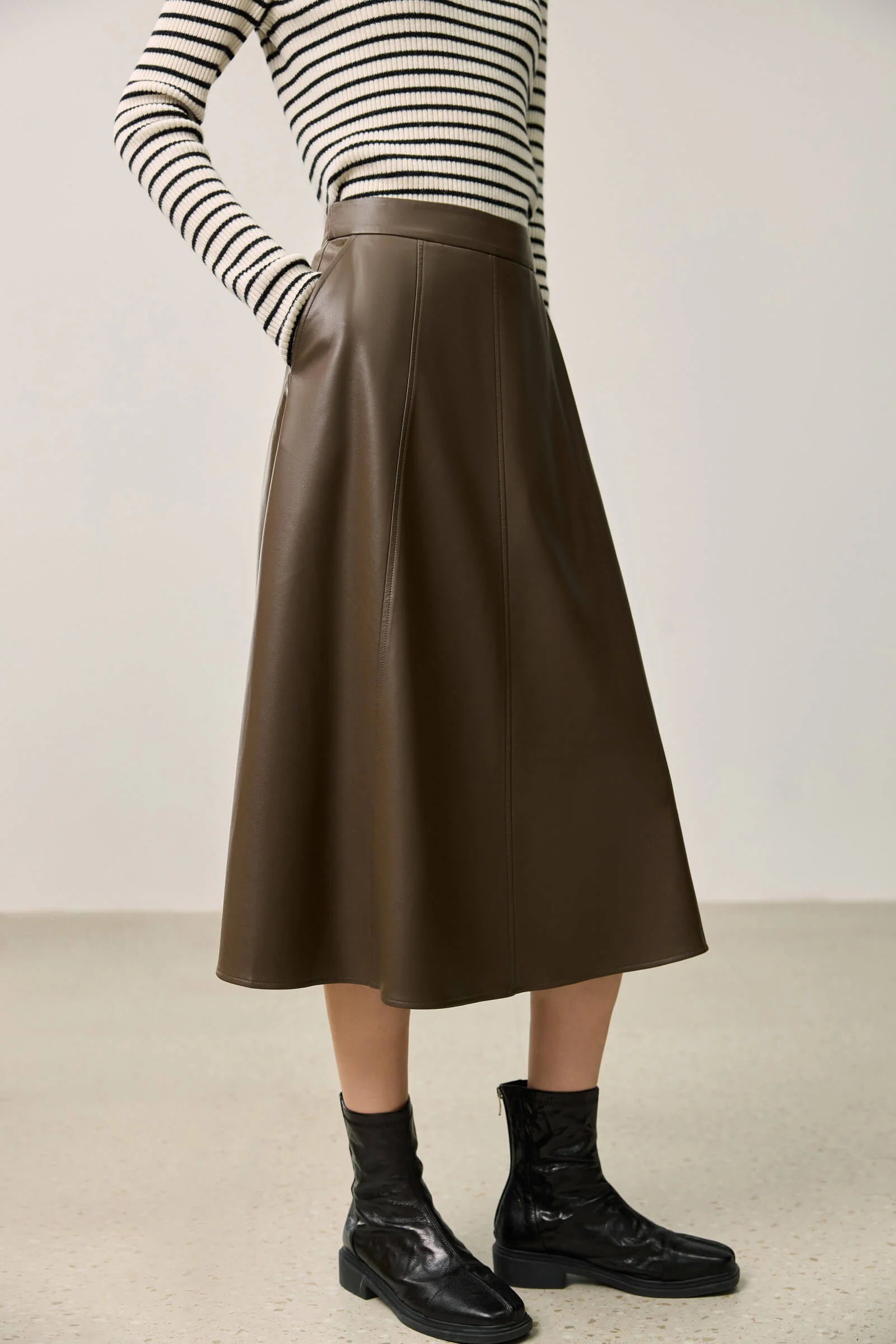 LILY Vintage Minimalist Draped Leather Skirt - Image 13