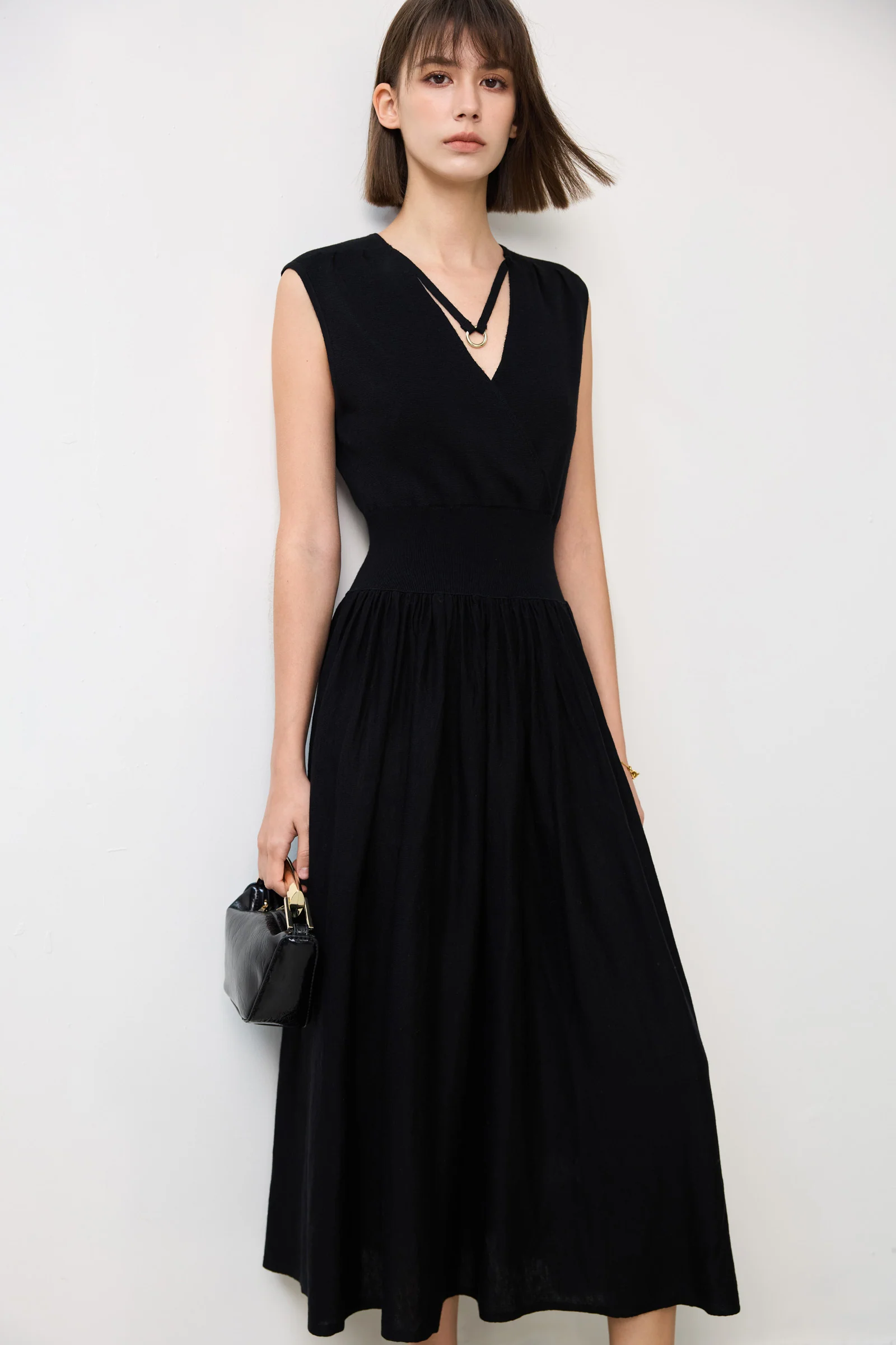 LILY Wool-Blend Waist-Defined V-Neck Dress - Image 7