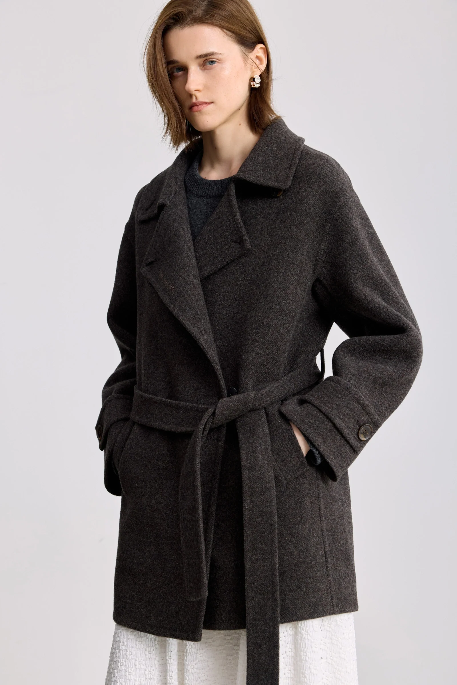 LILY Wool-Silk Funnel Neck Belted Coat
