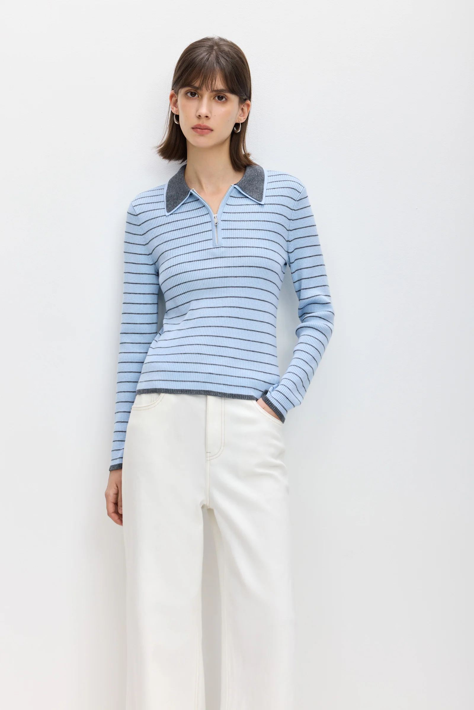 LILY Zip Polo Stripe Knit Sweater - Image 4