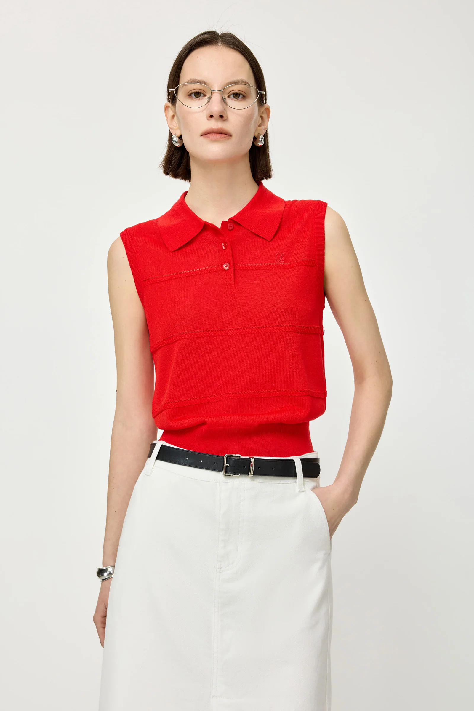 Sleeveless Polo Knit Top