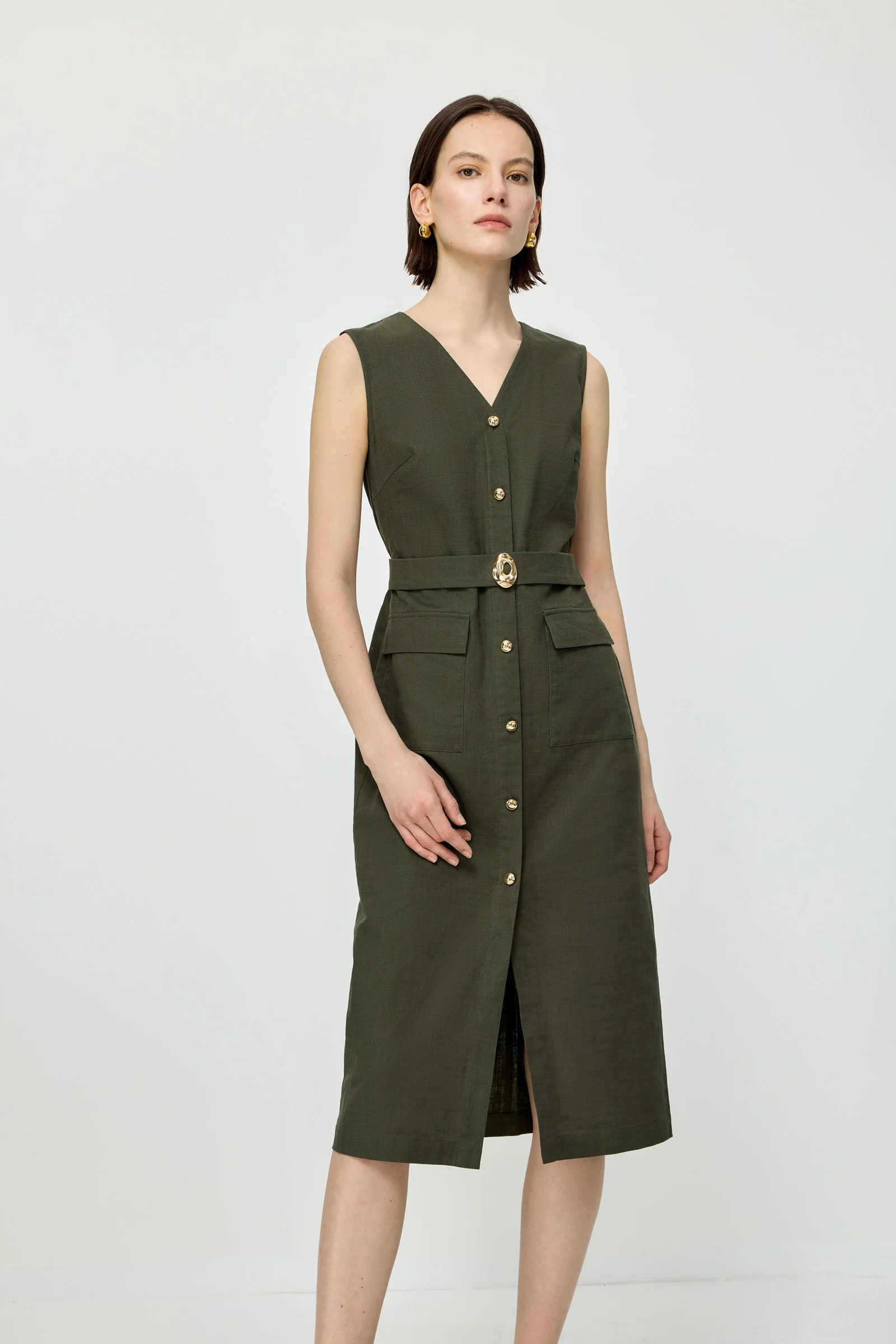 V-Neck Linen Midi Dress - Image 4
