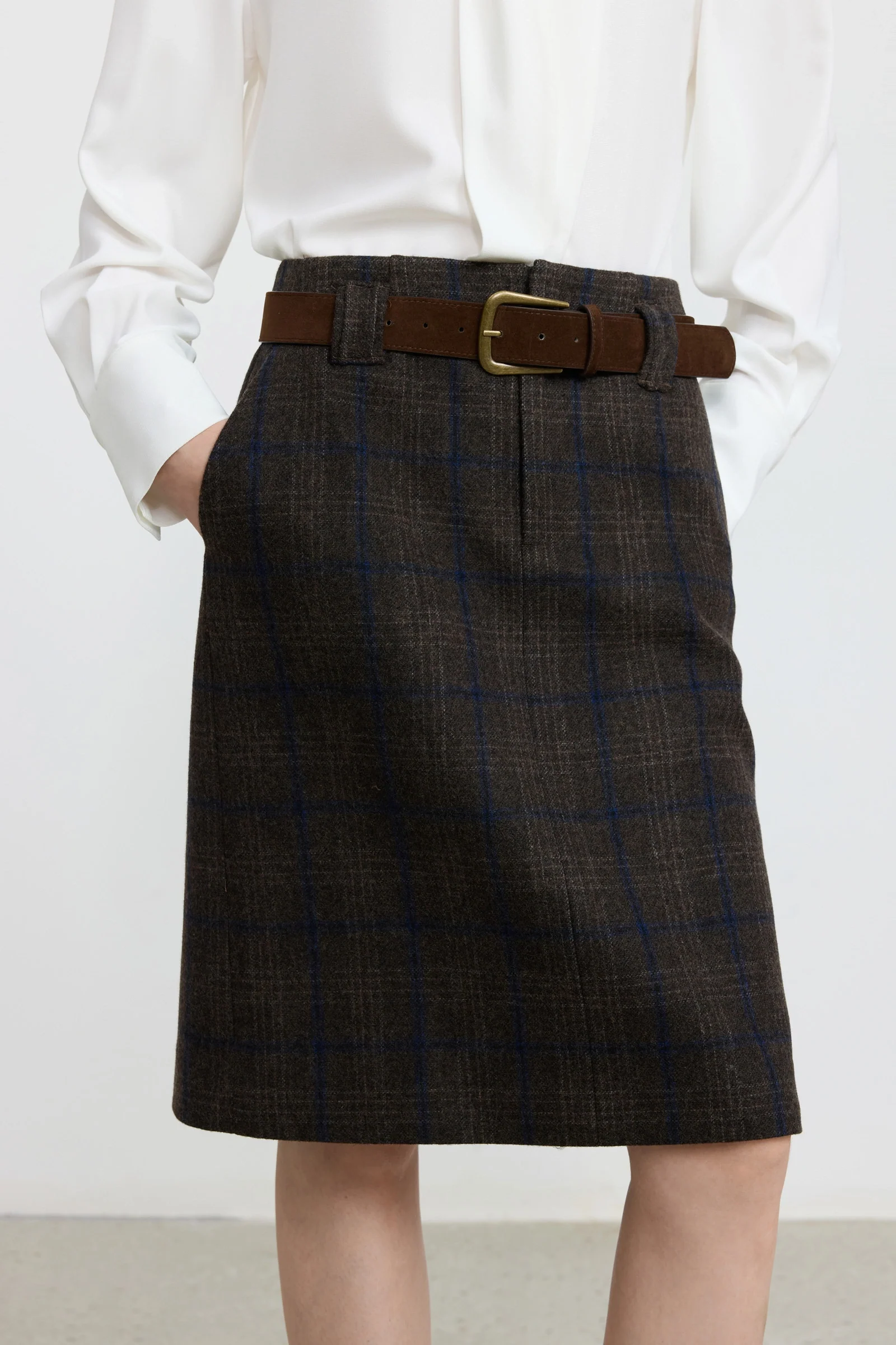 Wool-Blend Plaid Belted Skirt - Image 7
