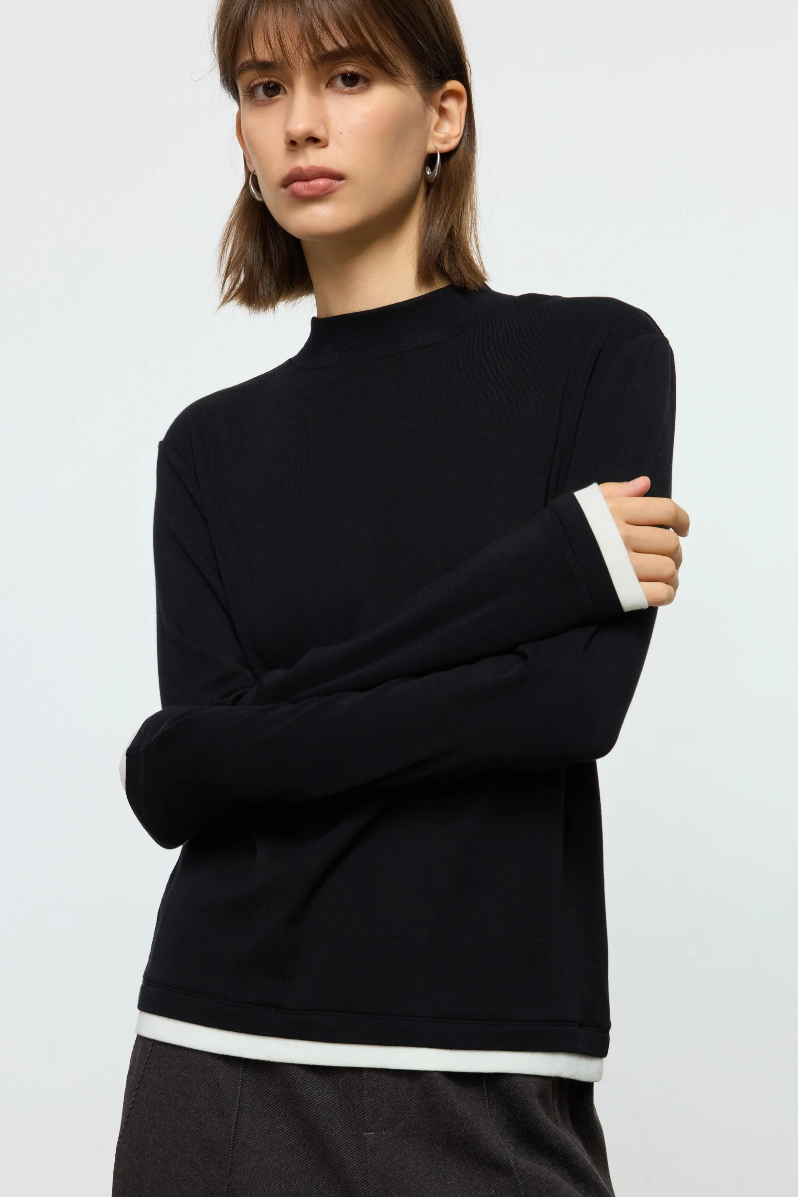 Wool-Lyocell Contrast Mock Neck Top - Image 9